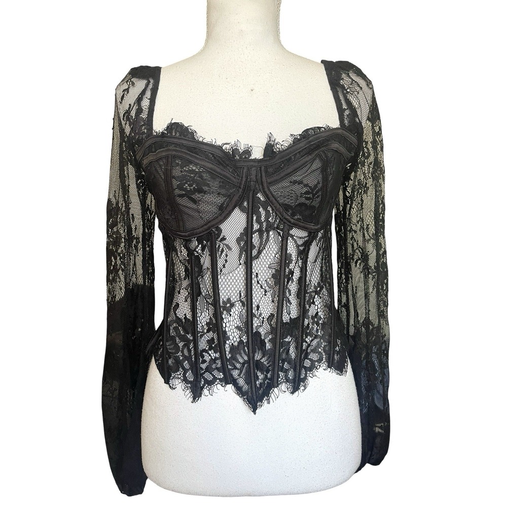 Black Sheer Lace Corset Top Boned Bustier Gothic Coquette Witchy Fairy Grunge M - Picture 6 of 13